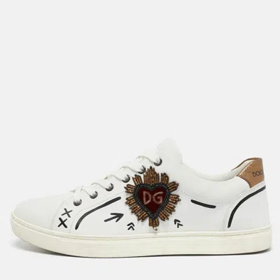 Pre-owned Dolce & Gabbana White Leather Heart Embellished Lace Up Sneakers Size 42
