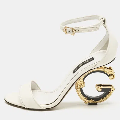 Pre-owned Dolce & Gabbana White Leather Keira Baroque Dg Heel Ankle Strap Sandals Size 35