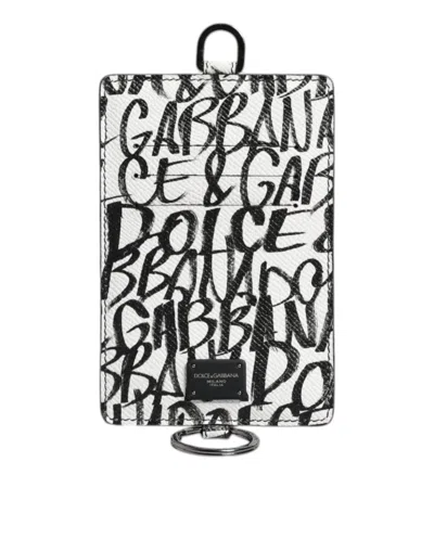 Dolce & Gabbana White Leather Lanyard Logo Print Card Holder Wallet In Black/white