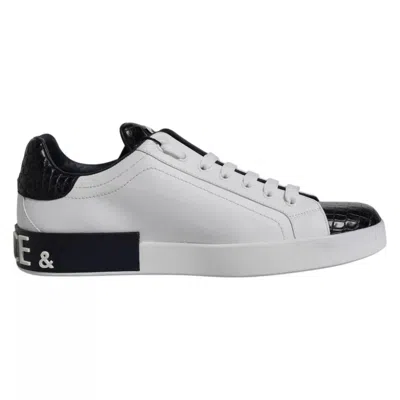 Pre-owned Dolce & Gabbana White Leather Logo Portofino Sneaker Men's Shoes () In Black And White