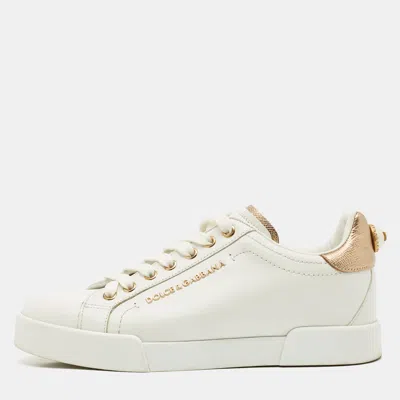 Pre-owned Dolce & Gabbana White Leather Pearl Embellished Portofino Sneakers Size 37