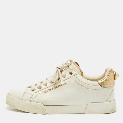 Pre-owned Dolce & Gabbana White Leather Pearl Embellished Portofino Sneakers Size 38