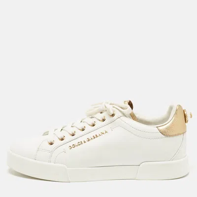 Pre-owned Dolce & Gabbana White Leather Pearl Embellished Portofino Trainers Size 39