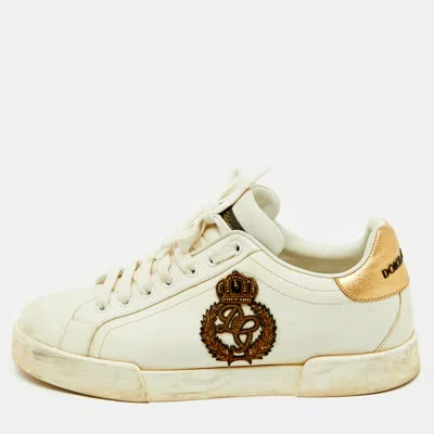 Pre-owned Dolce & Gabbana White Leather Portofino Crown Patch Low Top Sneakers Size 41