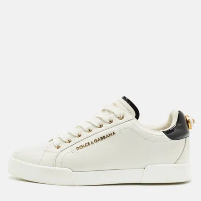 Pre-owned Dolce & Gabbana White Leather Portofino Embellished Low Top Sneakers Size 39.5