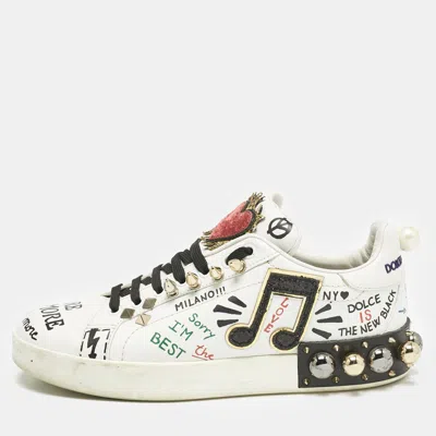 Pre-owned Dolce & Gabbana White Leather Portofino Graffiti Heart Applique Low Top Sneakers Size 39