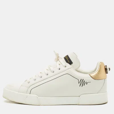 Pre-owned Dolce & Gabbana White Leather Portofino Low Top Sneakers Size 38.5