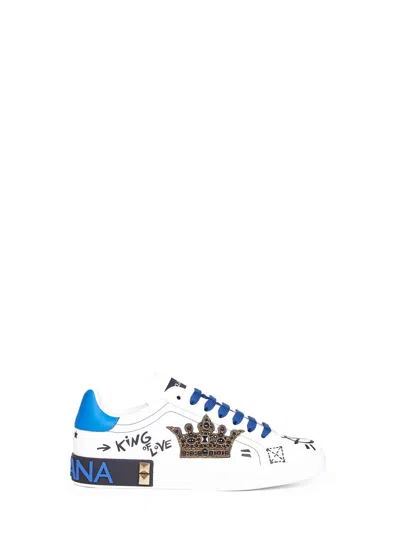 Dolce & Gabbana Men White Leather Portofino Sneakers In Multi