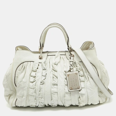 Pre-owned Dolce & Gabbana White Leather Ruffle Miss Brooke Satchel
