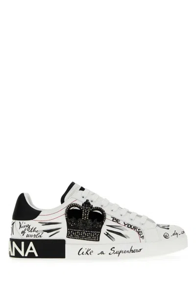 Dolce & Gabbana White Low Top Sneakers With Logo Patch On The Tongue And All-over Print In Leather Man In Multi
