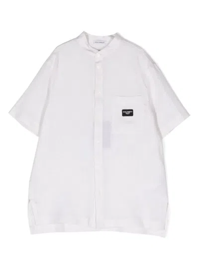 Dolce & Gabbana Kids' White Linen Shirt With Logo Plaque