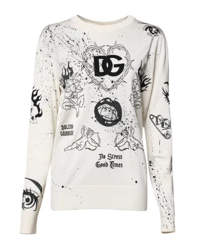 Pre-owned Dolce & Gabbana White Logo Angel Print Women Pullover Women's Sweater ()