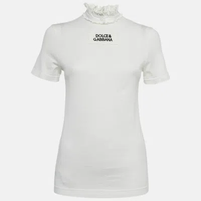 Pre-owned Dolce & Gabbana White Logo Embroidered Cotton Lace Detail T-shirt S