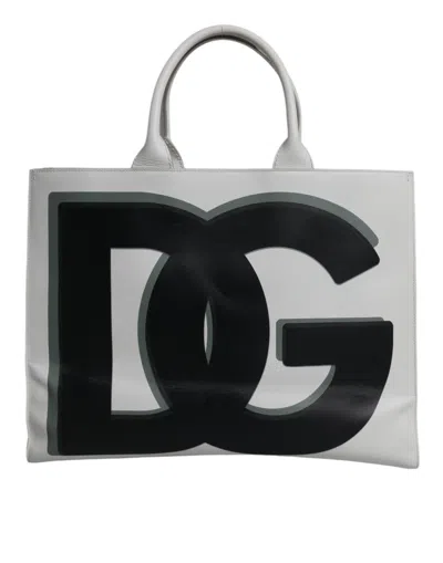 Dolce & Gabbana White Logo Print Dg Daily Calfskin Shopping Tote Bag