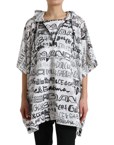 Dolce & Gabbana White Logo Print Hooded Blouson T-shirt Top In Black And White