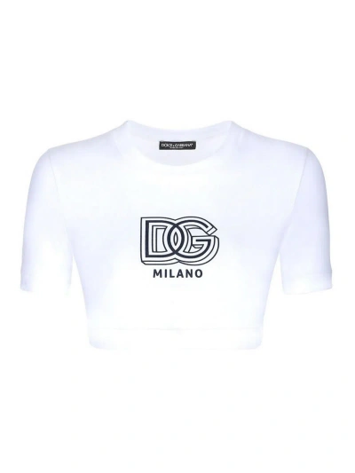 Dolce & Gabbana White Logo Print Round Neck Crop  T-shirt