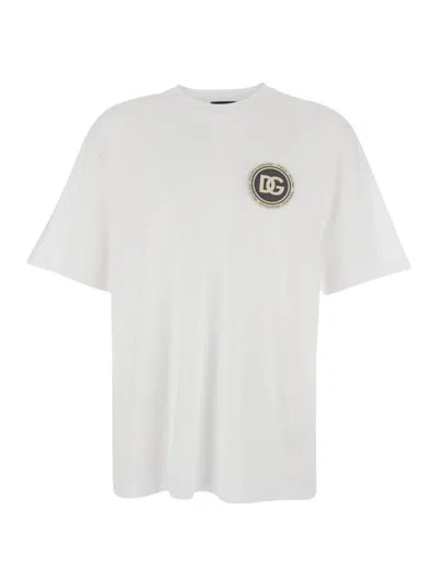 Dolce & Gabbana Men White Crewneck T-shirt With Logo Embroidery On The Front In Cotton Man