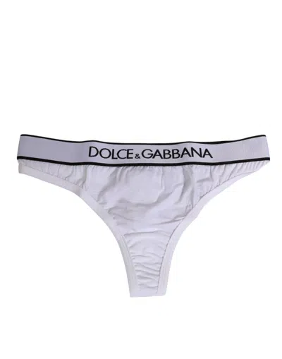 Dolce & Gabbana White Logo Waistband Modal Cotton Thong  Underwear In Blue
