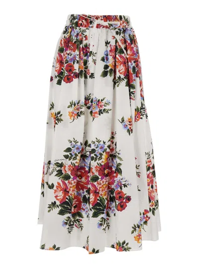 Dolce & Gabbana White Long Skirt With Floral Print And Elasticated Waistband In Cotton Woman