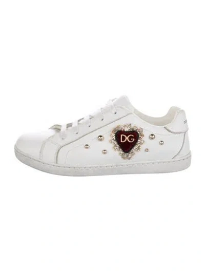 Pre-owned Dolce & Gabbana Kids' White Low Top Sneaker With Heart Accent And Lace Up Closure In Black/red/white