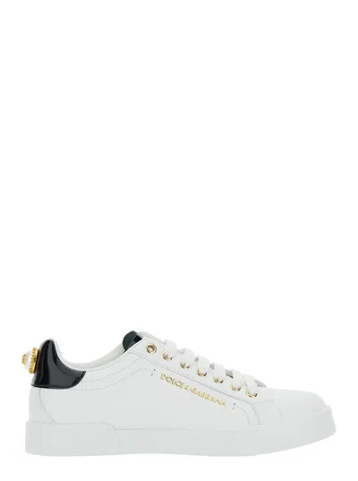 DOLCE & GABBANA WHITE LOW TOP SNEAKERS WITH LOGO LETTERING ON THE TONGUE AND LOGO DETAIL ON THE HEEL IN LEATHER WOMA