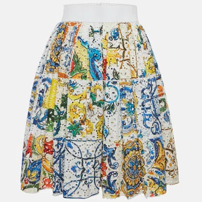 Pre-owned Dolce & Gabbana White Majolica Patchwork Print Lace Flared Skirt S