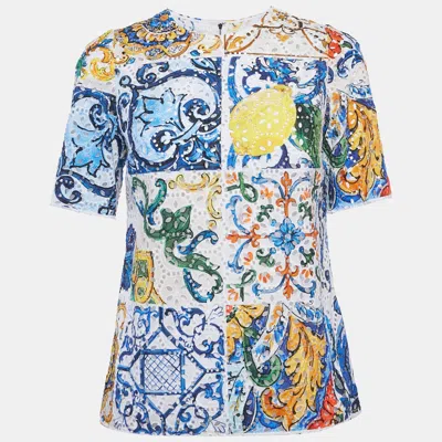Pre-owned Dolce & Gabbana White Majolica Patchwork Print Lace Top S