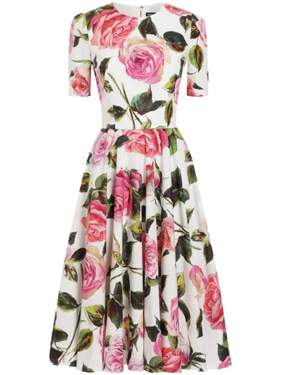 Dolce & Gabbana White Midi Dress With Floral Print And Flared Skirt In Multicolor