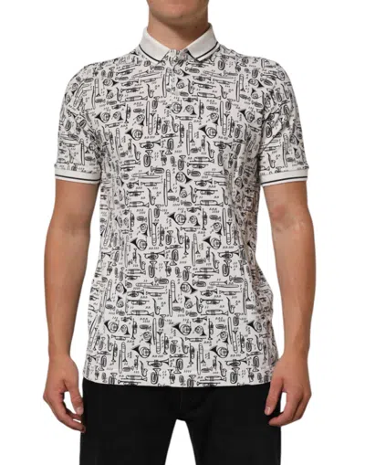 Dolce & Gabbana White Musical Print Collared Polo T-shirt In Gray
