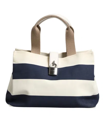 Pre-owned Dolce & Gabbana White Navy Striped Canvas Top Handle Tote Tote Women's Bag () In Blue And White