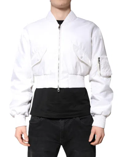 Pre-owned Dolce & Gabbana White Nylon Full Zip Cropped Bomber Men's Jacket ()