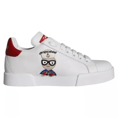 Dolce & Gabbana Portofino Applique Leather Sneakers In White