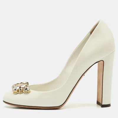 Pre-owned Dolce & Gabbana White Patent Leather Crystal Embellished Block Heel Pumps Size 40