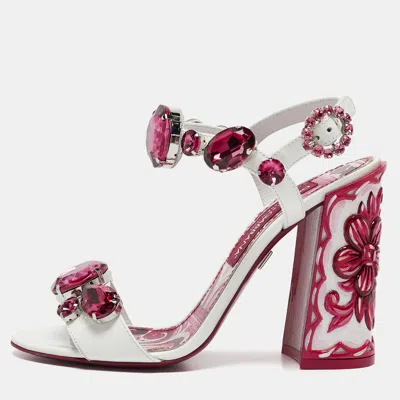 Pre-owned Dolce & Gabbana White Patent Leather Crystal Embellished Keira Ankle Strap Sandals Size 39