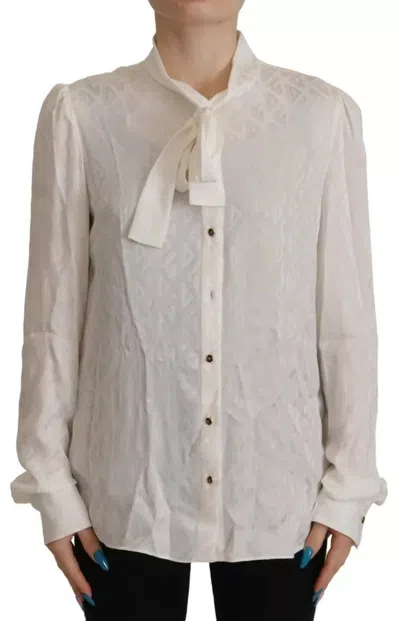 Pre-owned Dolce & Gabbana White Patterned Silk Ascot Collar Blouse Women's Top ()