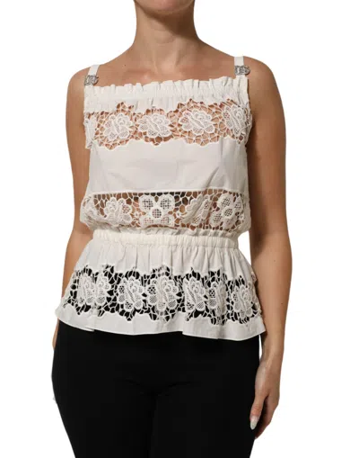 Pre-owned Dolce & Gabbana White Poplin Openwork Embroidery Tank Women's Top ()
