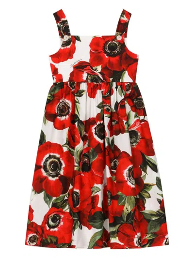 Dolce & Gabbana Kids' White Poppy Print Cotton Dress In Red