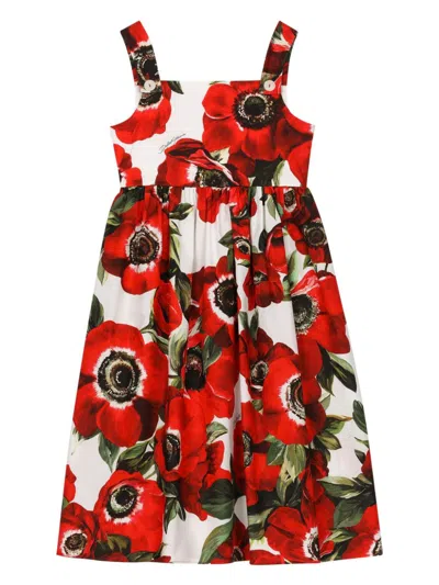 Dolce & Gabbana Kids' Anemone-print Midi Dress In Red