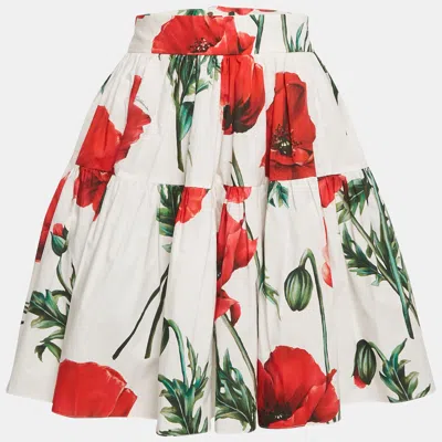 Pre-owned Dolce & Gabbana White Poppy Print Cotton Mini Skirt L