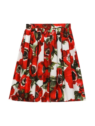 Dolce & Gabbana Kids' White Poppy Print Pleated Skirt In Red