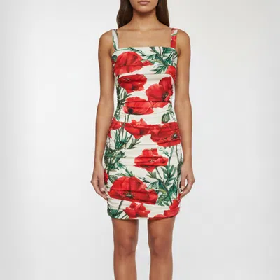 Pre-owned Dolce & Gabbana White Poppy Print Silk Blend Ruched Mini Dress S