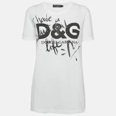 Pre-owned Dolce & Gabbana White Printed Cotton Knit Crew Neck T-shirt S