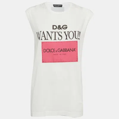 Pre-owned Dolce & Gabbana White Printed Jersey Oversized T-shirt Xs