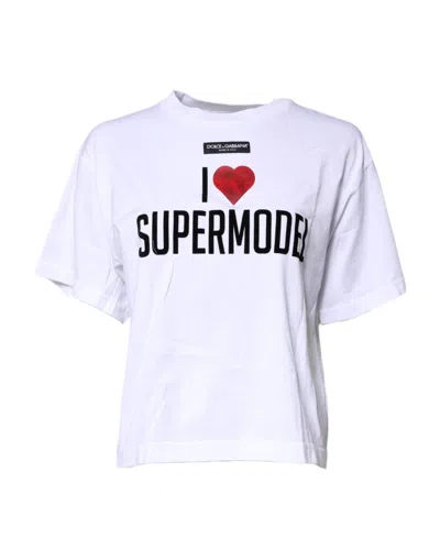 DOLCE & GABBANA WHITE PRINTED ROUND NECK TOP COTTON T-SHIRT