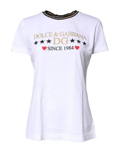 Dolce & Gabbana White Printed Round Neck Top Cotton Women's T-shirt