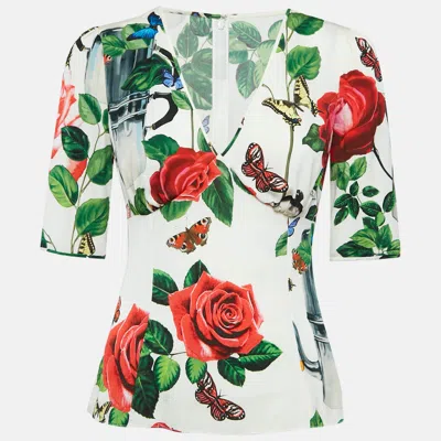 Pre-owned Dolce & Gabbana White Printed Silk V-neck Top S