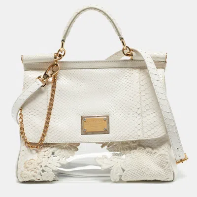 Pre-owned Dolce & Gabbana White Python And Pvc Large Miss Sicily Top Handle Bag
