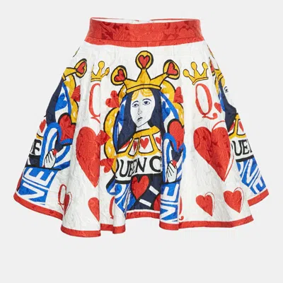 Pre-owned Dolce & Gabbana White Queen Of Love Print Jacquard Flared Mini Skirt 7-8 Yrs