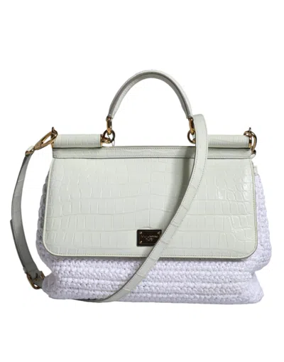 Pre-owned Dolce & Gabbana White Rafia Leather Sicily Crossbody Women's Bag ()