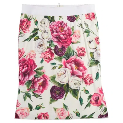 Pre-owned Dolce & Gabbana Dolce Gabbana White Red Floral Print Silk Lined Elastic Knee Skirt It48 Xxl